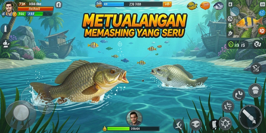 Screenshot gameplay 73K menampilkan aksi memancing yang seru dan menantang.