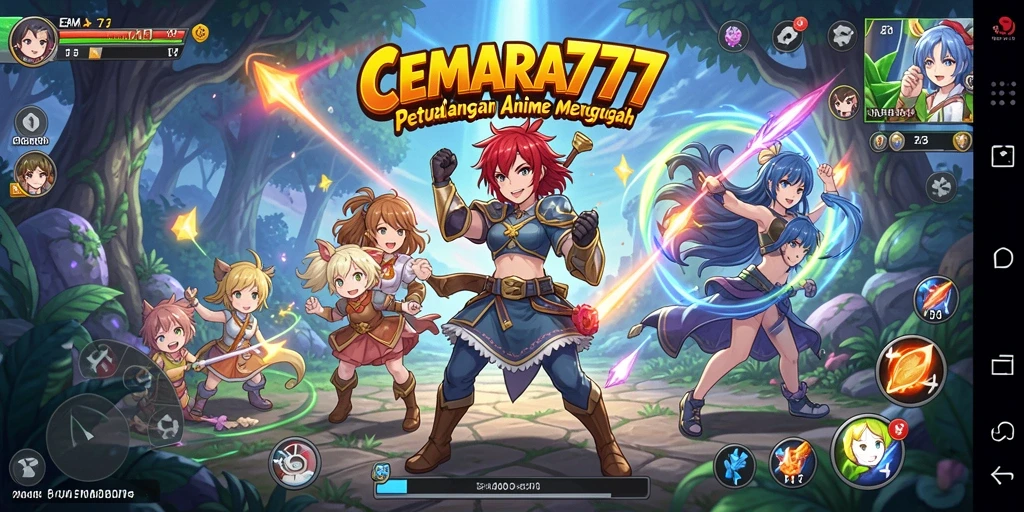 Screenshot gameplay CEMARA777 menampilkan pertarungan karakter Anime yang seru.