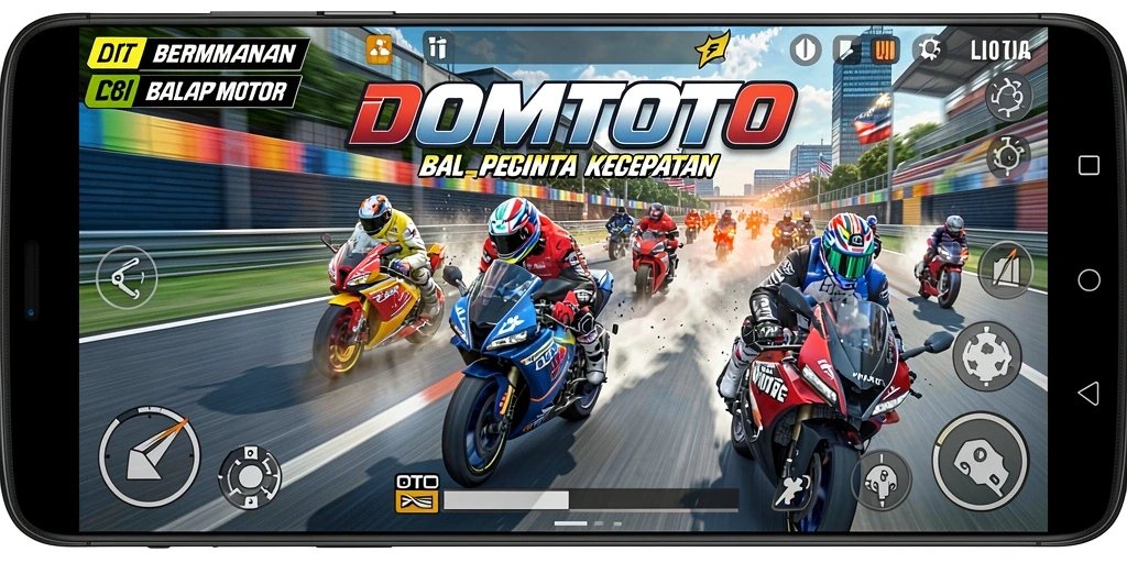 Tangkapan layar utama DOMTOTO menampilkan momen balapan penuh aksi dan kecepatan.
