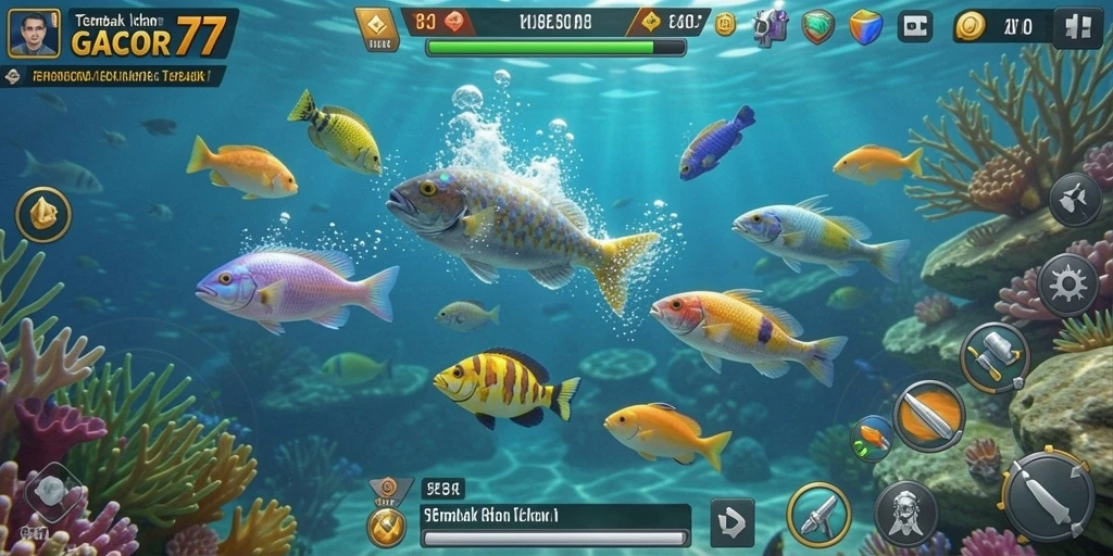 Tampilan gameplay GACOR77 dengan berbagai ikan yang bisa diburu.