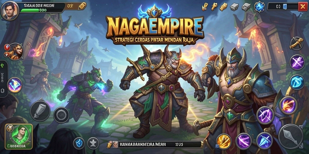 Screenshot permainan NAGAEMPIRE menampilkan pertempuran strategi yang epik.