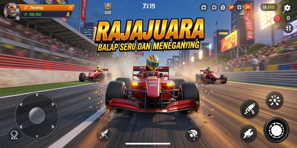 Tampilan gameplay seru dalam RAJAJUARA saat balapan berlangsung.