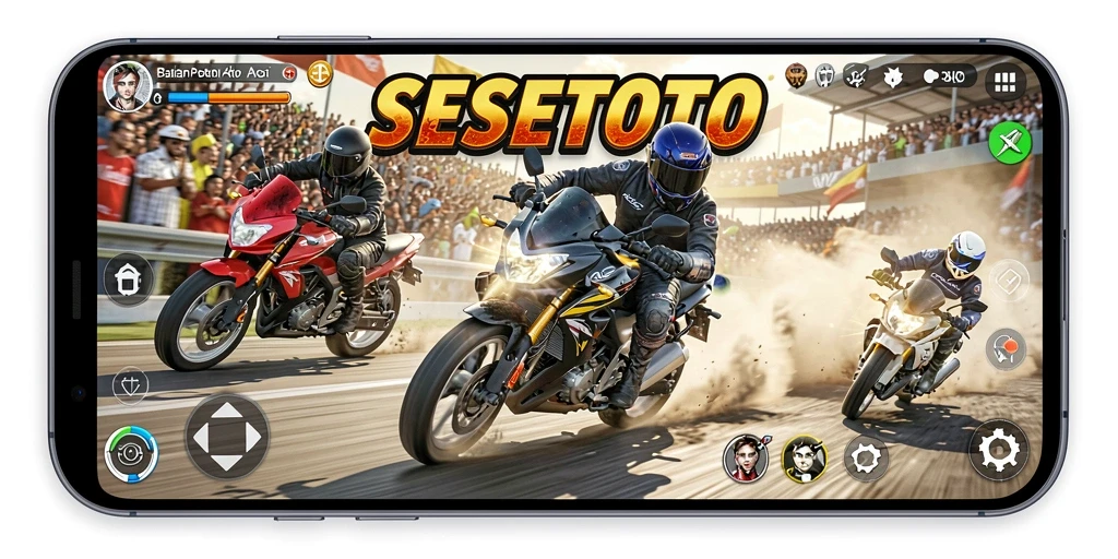 Tampilan gameplay SESETOTO dengan motor balap yang memukau.